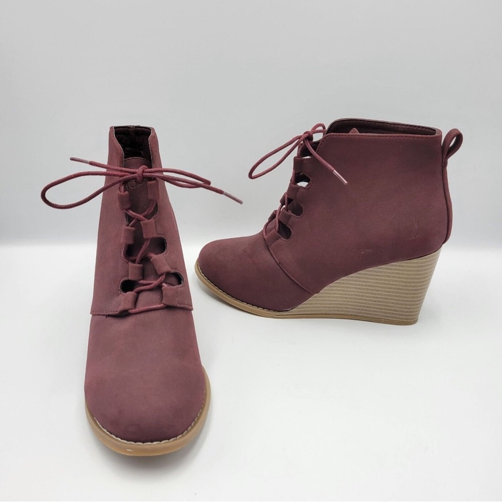 Nautica Waterline Burgundy Ankle Wedge Booties Lace Up